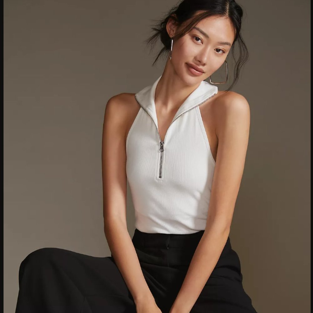 Anthropolgie Maeve Quarter-Zip Halter Top Large Cream